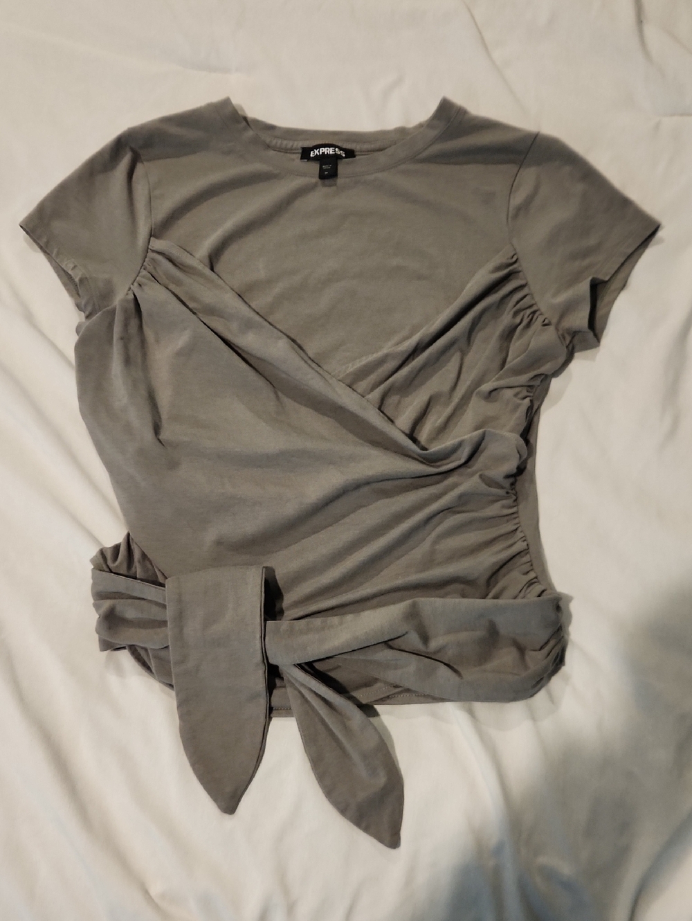 Express Women's Greenish Gray Wrap Front Short Sleeve Top
